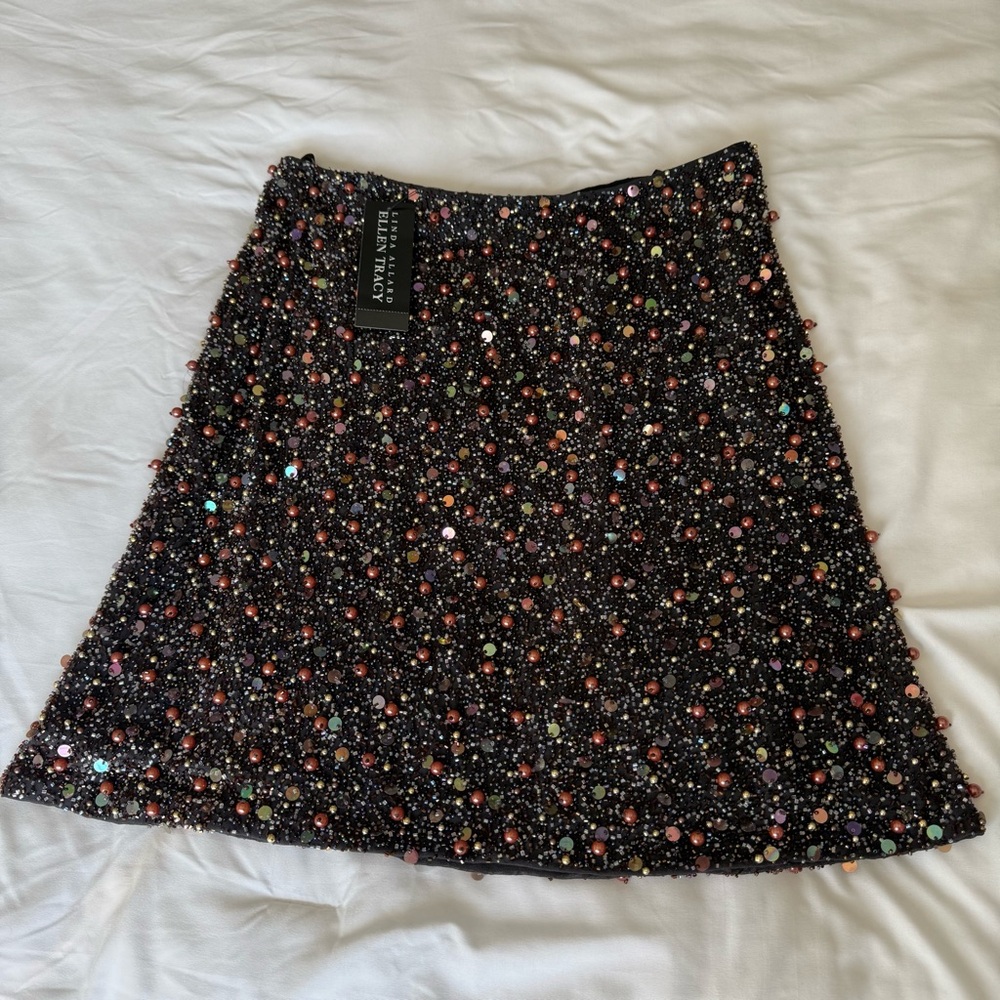 Linda Allard Ellen Tracy Skirt Black Multicolor Sequin Silk $535 Beaded Designer